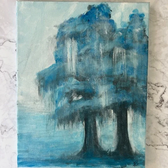 Abstract Cypress Trees Acrylic Painting11x14 CanvasWhispering Blue Canopy